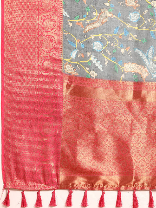 Gray Munga Silk Digital Print Floral Saree with Unstitched Blouse - Hiral Fashion