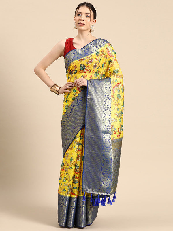 Yellow Munga Silk Digital Print Floral Saree with Unstitched Blouse - Hiral Fashion