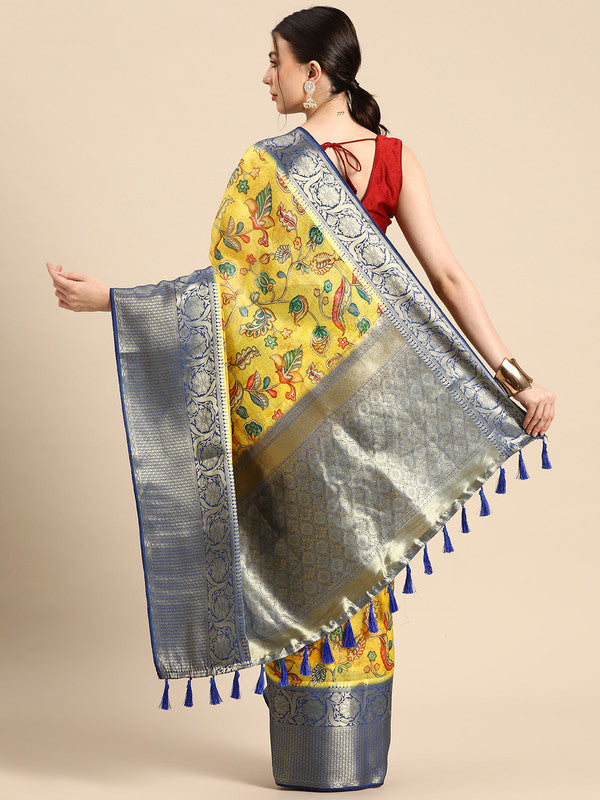Yellow Munga Silk Digital Print Floral Saree with Unstitched Blouse - Hiral Fashion