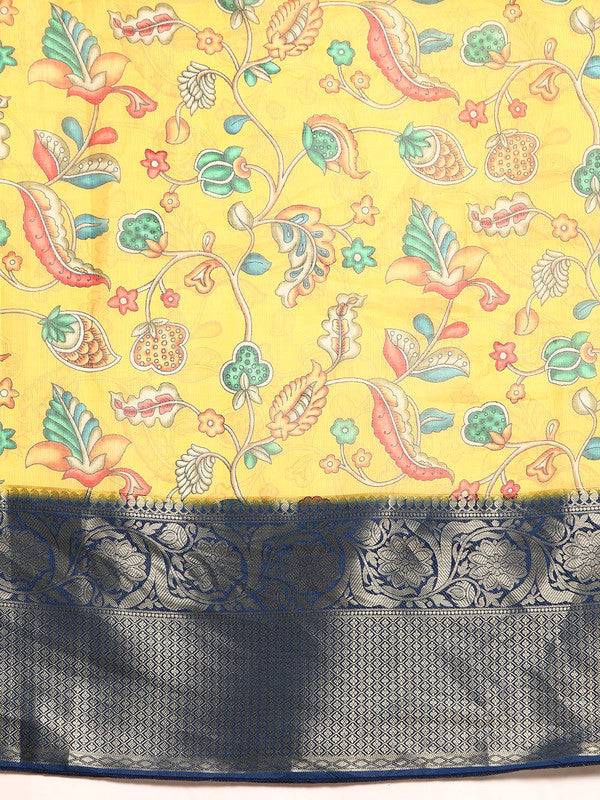 Yellow Munga Silk Digital Print Floral Saree with Unstitched Blouse - Hiral Fashion