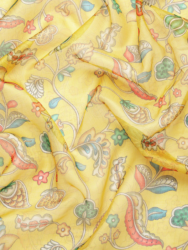 Yellow Munga Silk Digital Print Floral Saree with Unstitched Blouse - Hiral Fashion