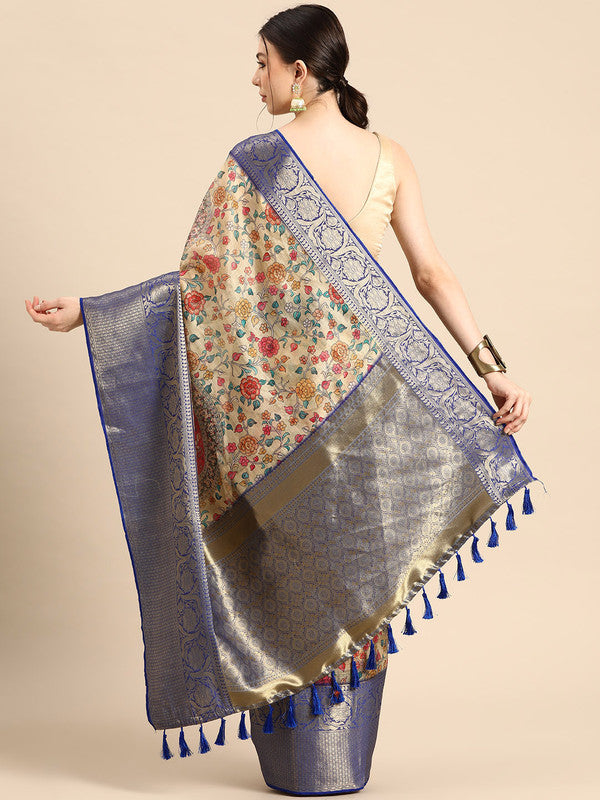 Beige Munga Silk Digital Print Floral Saree with Unstitched Blouse - Hiral Fashion
