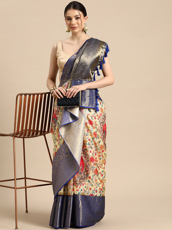 Beige Munga Silk Digital Print Floral Saree with Unstitched Blouse - Hiral Fashion