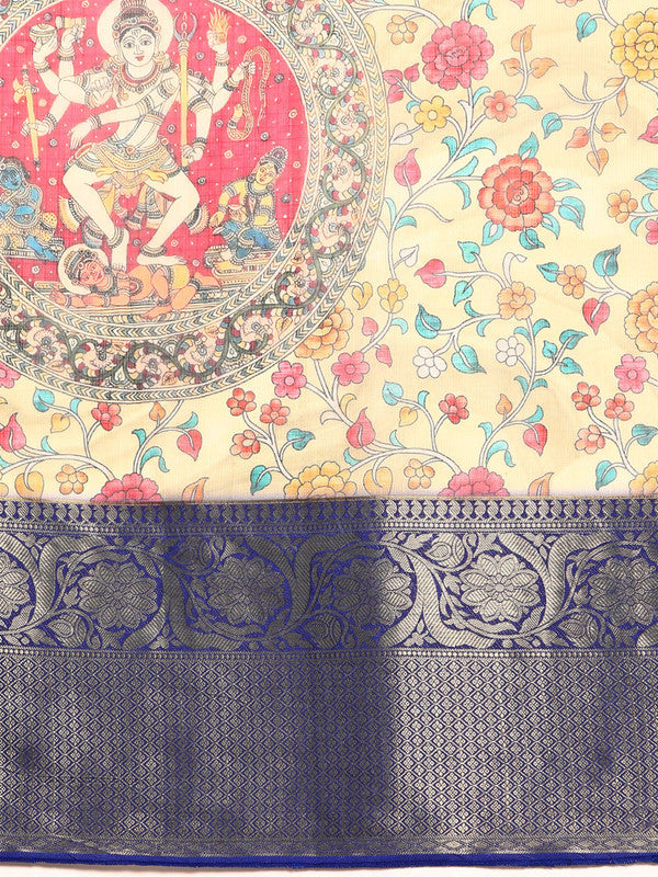 Beige Munga Silk Digital Print Floral Saree with Unstitched Blouse - Hiral Fashion