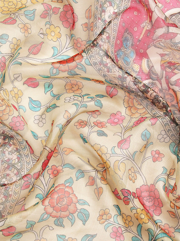 Beige Munga Silk Digital Print Floral Saree with Unstitched Blouse - Hiral Fashion