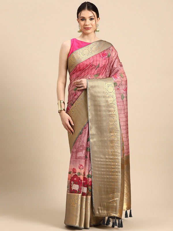 Beige Munga Silk Digital Print Floral Saree with Unstitched Blouse - Hiral Fashion