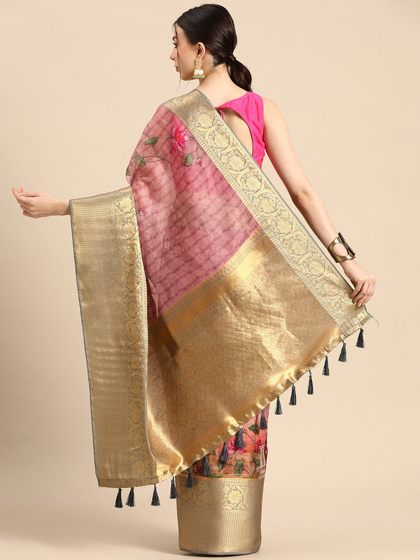 Beige Munga Silk Digital Print Floral Saree with Unstitched Blouse - Hiral Fashion