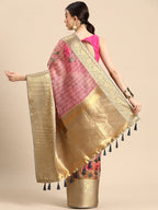 Beige Munga Silk Digital Print Floral Saree with Unstitched Blouse - Hiral Fashion