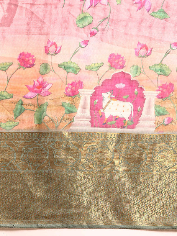 Beige Munga Silk Digital Print Floral Saree with Unstitched Blouse - Hiral Fashion