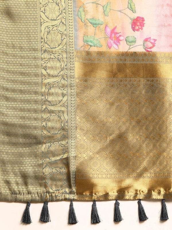 Beige Munga Silk Digital Print Floral Saree with Unstitched Blouse - Hiral Fashion