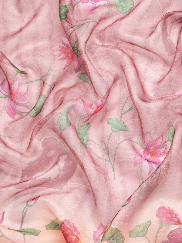 Beige Munga Silk Digital Print Floral Saree with Unstitched Blouse - Hiral Fashion