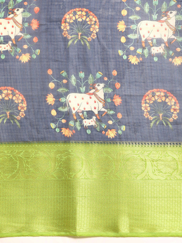 Navy Blue Munga Silk Digital Print Animal Print Saree with Unstitched Blouse - Hiral Fashion