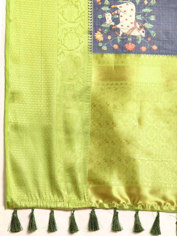 Navy Blue Munga Silk Digital Print Animal Print Saree with Unstitched Blouse - Hiral Fashion