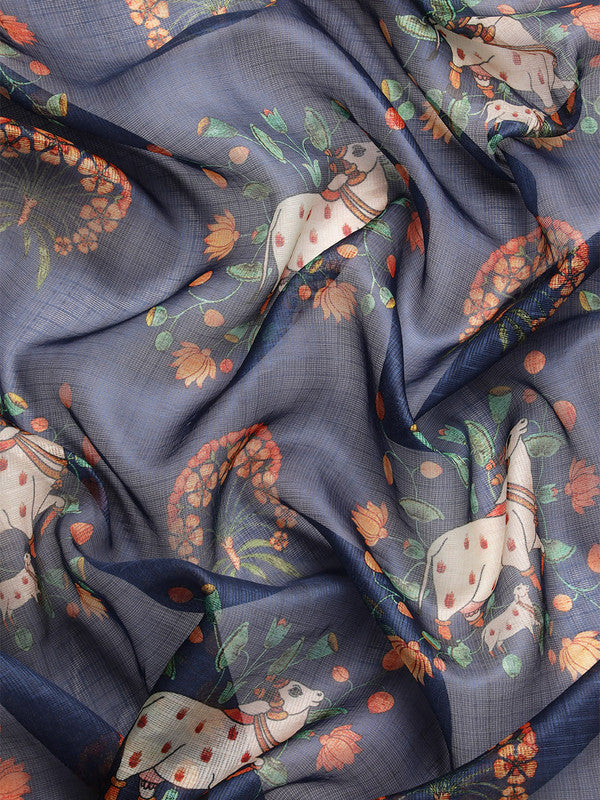 Navy Blue Munga Silk Digital Print Animal Print Saree with Unstitched Blouse - Hiral Fashion