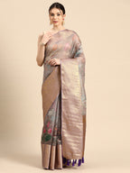 Gray Munga Silk Digital Print Kalamkari Saree with Unstitched Blouse - Hiral Fashion
