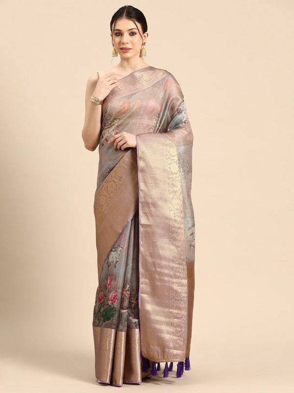 Gray Munga Silk Digital Print Kalamkari Saree with Unstitched Blouse - Hiral Fashion