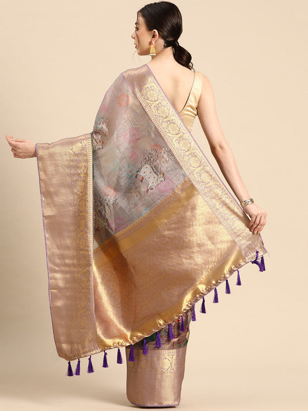 Gray Munga Silk Digital Print Kalamkari Saree with Unstitched Blouse - Hiral Fashion