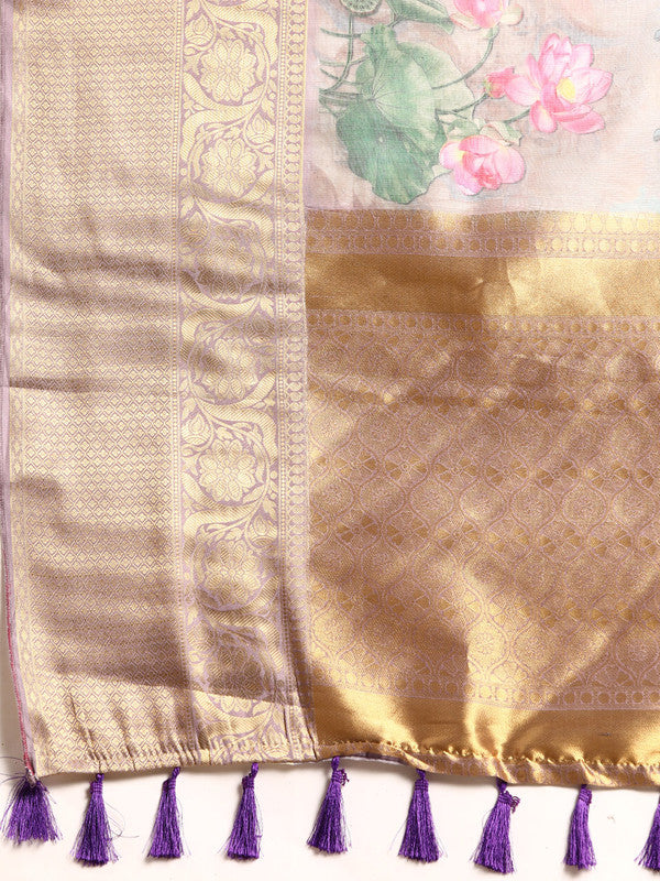 Gray Munga Silk Digital Print Kalamkari Saree with Unstitched Blouse - Hiral Fashion