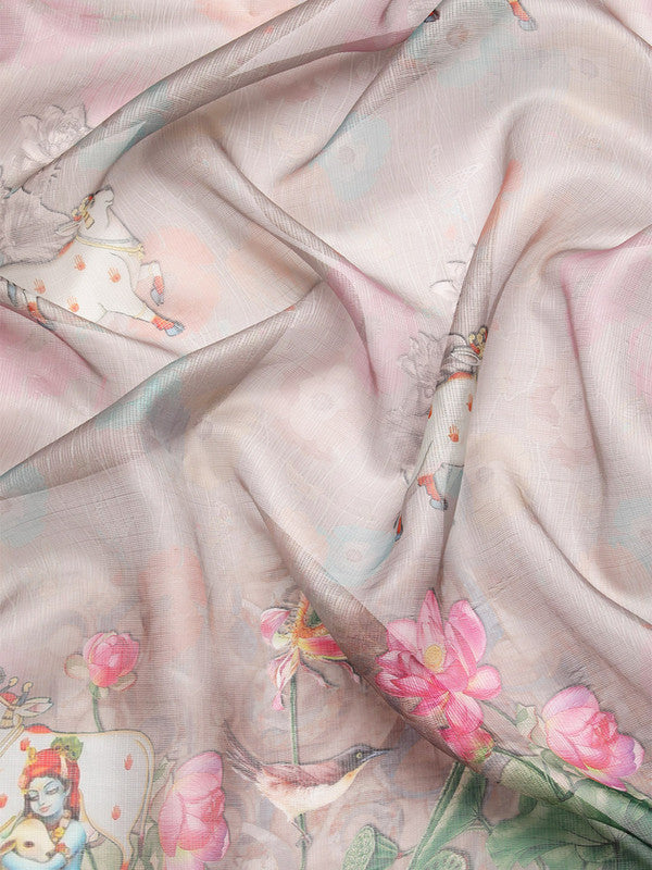 Gray Munga Silk Digital Print Kalamkari Saree with Unstitched Blouse - Hiral Fashion
