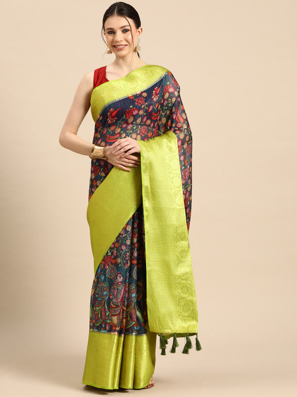Navy Blue Munga Silk Digital Print Kalamkari Saree with Unstitched Blouse - Hiral Fashion