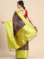 Navy Blue Munga Silk Digital Print Kalamkari Saree with Unstitched Blouse - Hiral Fashion