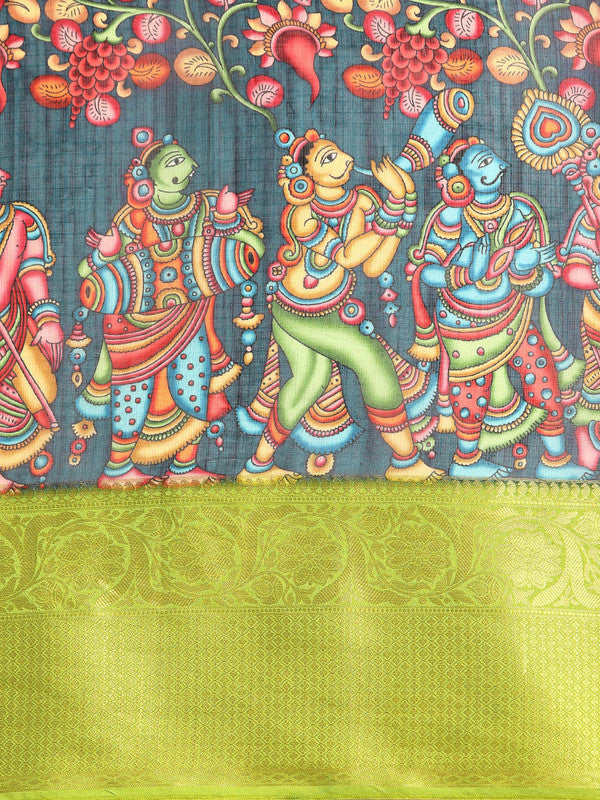 Navy Blue Munga Silk Digital Print Kalamkari Saree with Unstitched Blouse - Hiral Fashion