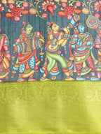 Navy Blue Munga Silk Digital Print Kalamkari Saree with Unstitched Blouse - Hiral Fashion
