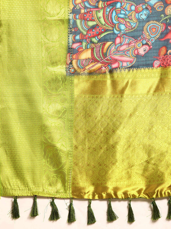 Navy Blue Munga Silk Digital Print Kalamkari Saree with Unstitched Blouse - Hiral Fashion