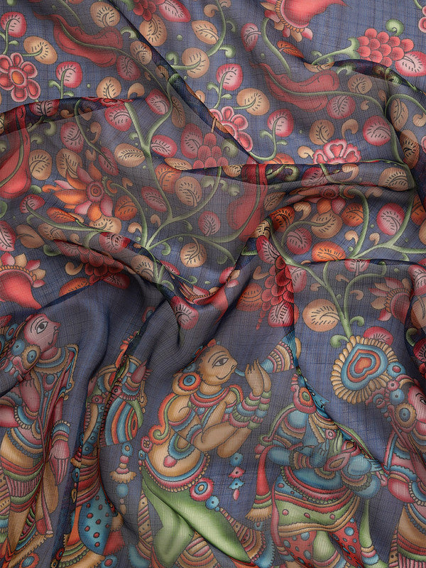 Navy Blue Munga Silk Digital Print Kalamkari Saree with Unstitched Blouse - Hiral Fashion