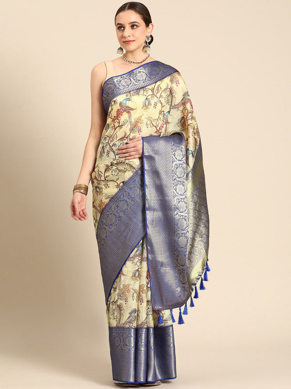 Beige Munga Silk Digital Print Kalamkari Saree with Unstitched Blouse - Hiral Fashion
