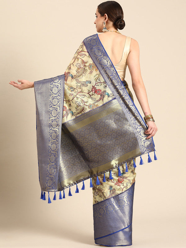 Beige Munga Silk Digital Print Kalamkari Saree with Unstitched Blouse - Hiral Fashion