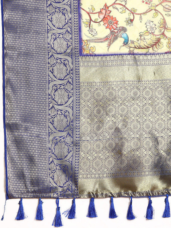 Beige Munga Silk Digital Print Kalamkari Saree with Unstitched Blouse - Hiral Fashion