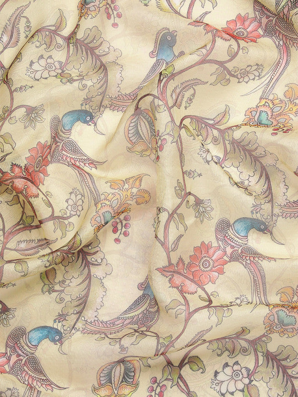 Beige Munga Silk Digital Print Kalamkari Saree with Unstitched Blouse - Hiral Fashion