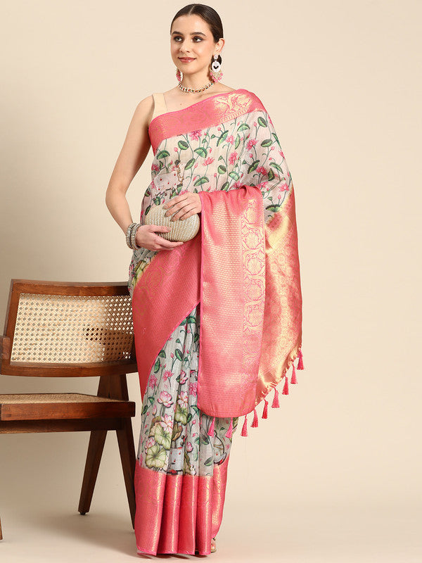 Beige Munga Silk Digital Print Kalamkari Saree with Unstitched Blouse - Hiral Fashion