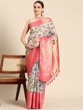 Beige Munga Silk Digital Print Kalamkari Saree with Unstitched Blouse - Hiral Fashion