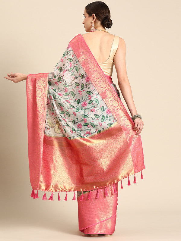 Beige Munga Silk Digital Print Kalamkari Saree with Unstitched Blouse - Hiral Fashion