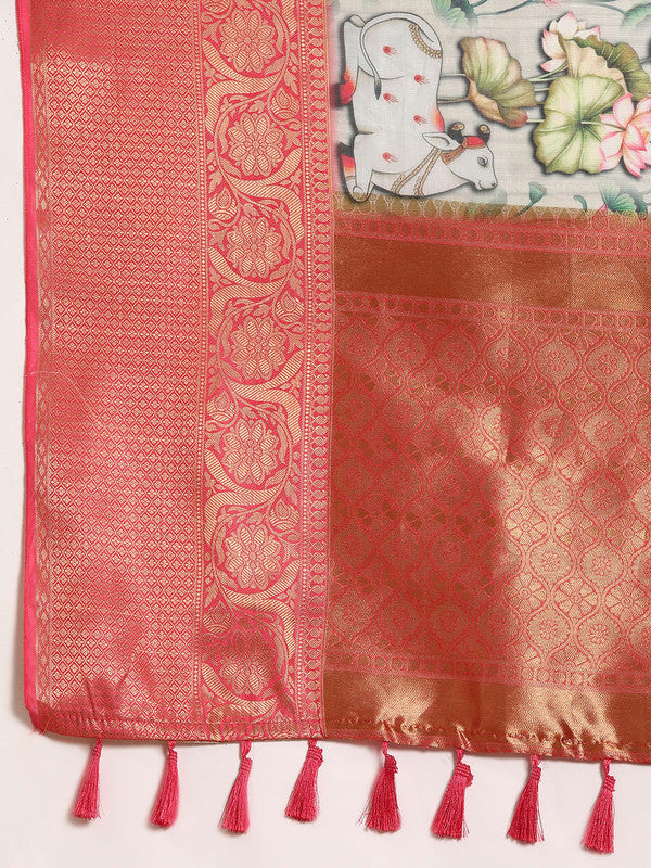 Beige Munga Silk Digital Print Kalamkari Saree with Unstitched Blouse - Hiral Fashion