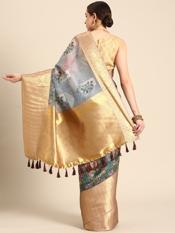 Gray Munga Silk Digital Print Kalamkari Saree with Unstitched Blouse - Hiral Fashion