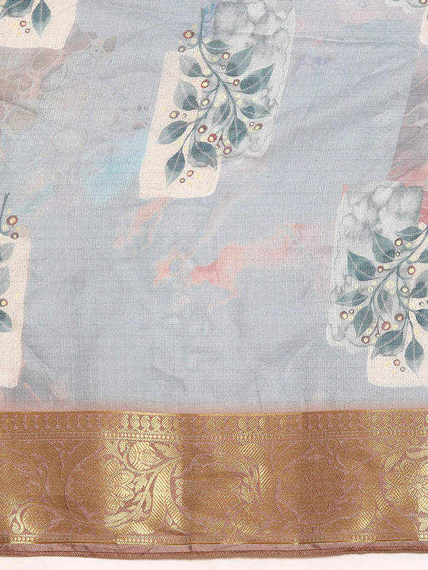 Gray Munga Silk Digital Print Kalamkari Saree with Unstitched Blouse - Hiral Fashion
