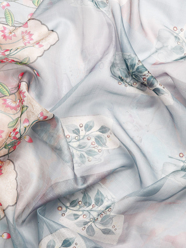Gray Munga Silk Digital Print Kalamkari Saree with Unstitched Blouse - Hiral Fashion