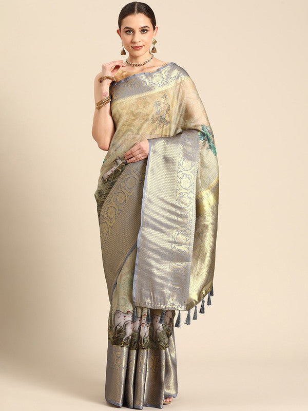 Olive Munga Silk Digital Print Kalamkari Saree with Unstitched Blouse - Hiral Fashion