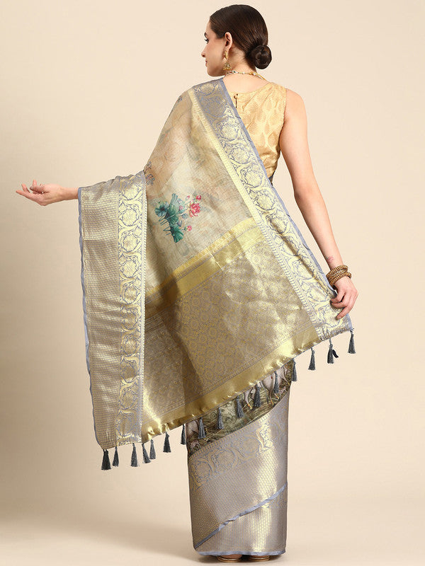 Olive Munga Silk Digital Print Kalamkari Saree with Unstitched Blouse - Hiral Fashion