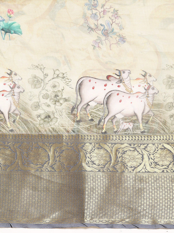 Olive Munga Silk Digital Print Kalamkari Saree with Unstitched Blouse - Hiral Fashion