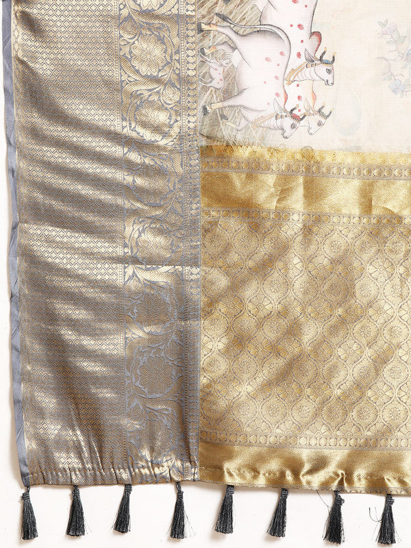 Olive Munga Silk Digital Print Kalamkari Saree with Unstitched Blouse - Hiral Fashion