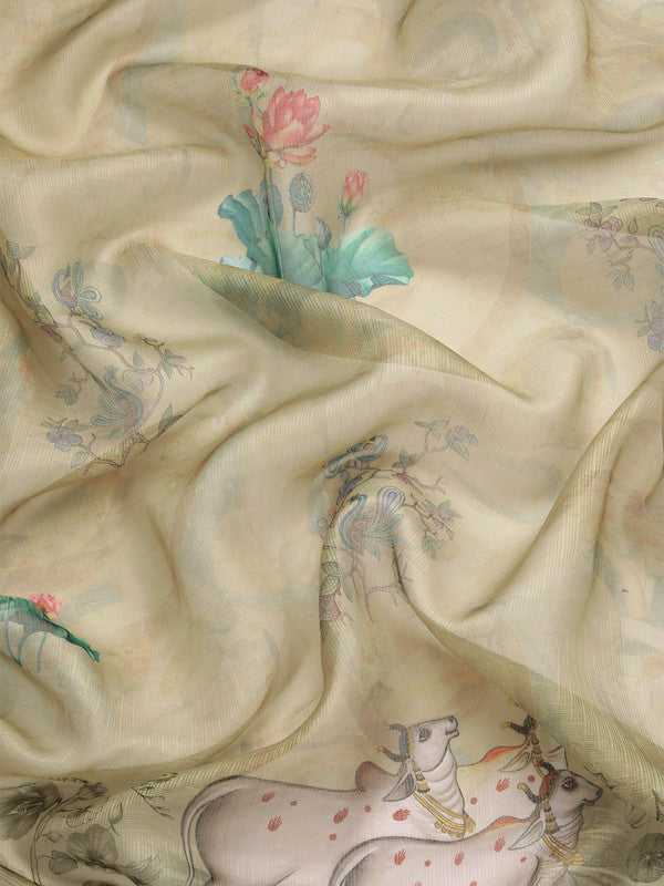 Olive Munga Silk Digital Print Kalamkari Saree with Unstitched Blouse - Hiral Fashion