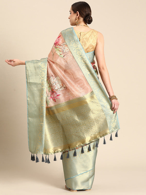 Peach Munga Silk Digital Print Animal Print Saree with Unstitched Blouse - Hiral Fashion