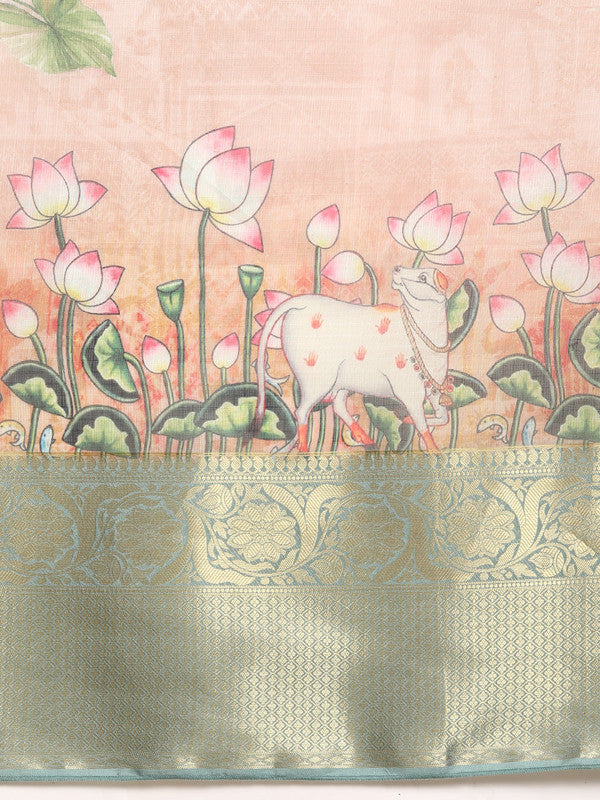 Peach Munga Silk Digital Print Animal Print Saree with Unstitched Blouse - Hiral Fashion