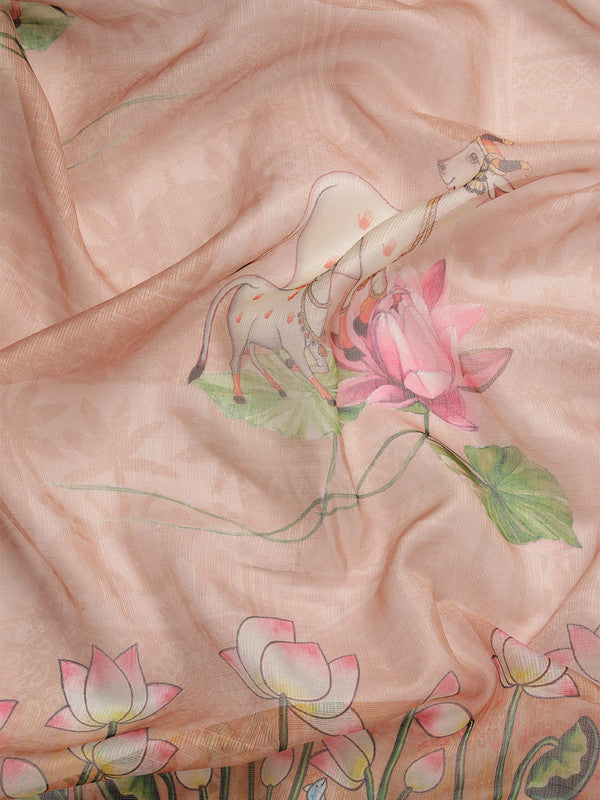 Peach Munga Silk Digital Print Animal Print Saree with Unstitched Blouse - Hiral Fashion