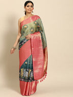 Green Munga Silk Digital Print Animal Print Saree with Unstitched Blouse - Hiral Fashion