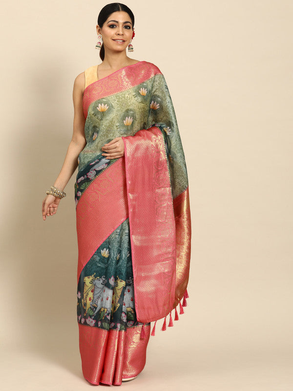Green Munga Silk Digital Print Animal Print Saree with Unstitched Blouse - Hiral Fashion